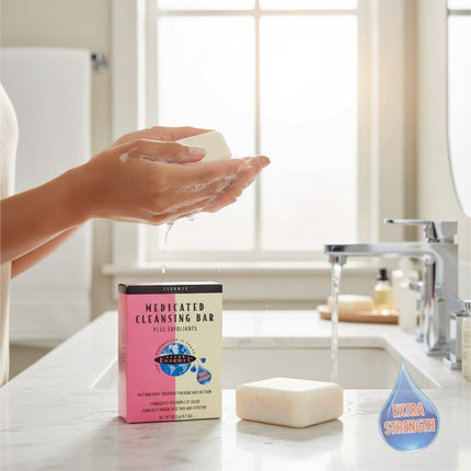 Tia's Treasure Collections Clear Essence medicated cleansing bar with exfoliants for acne-prone skin on a bathroom sink