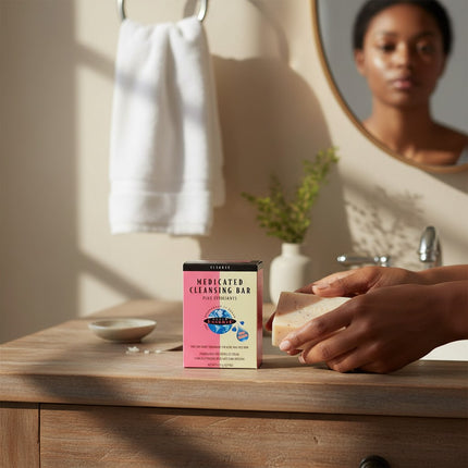 Tia's Treasure Collections Clear Essence medicated cleansing bar with exfoliants on a wooden bathroom vanity