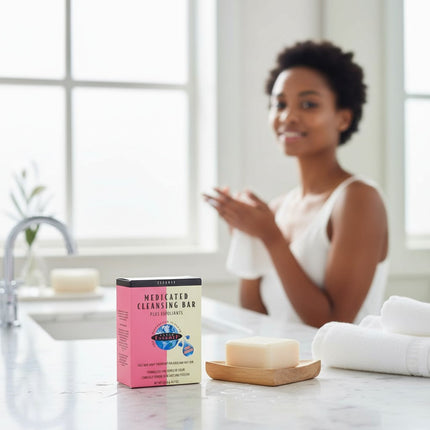 Tia's Treasure Collections medicated cleansing bar with exfoliants on a wooden soap dish in a bright bathroom.