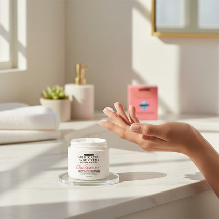 Tia's Treasure Collections Clear Essence medicated fade cream jar on a marble counter with a hand applying product