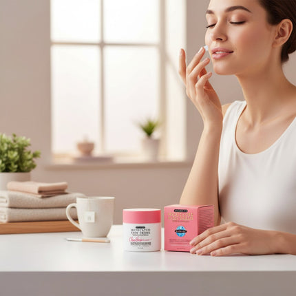 Tia's Treasure Collections Clear Essence Medicated Fade Cream jar and box with a woman applying cream to her face.