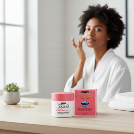 Tia's Treasure Collections Clear Essence medicated fade cream jar and box on a table with a woman applying skincare.