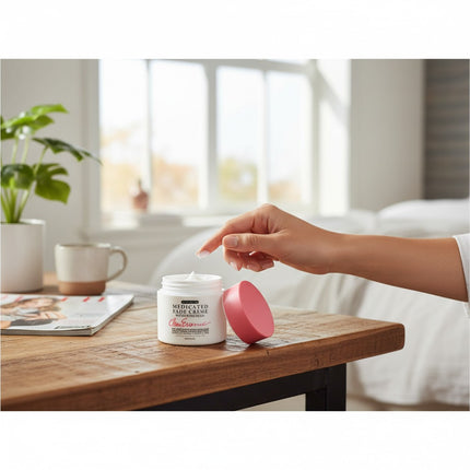 Tia's Treasure Collections Clear Essence medicated fade cream jar with pink lid on a wooden table in a bedroom.