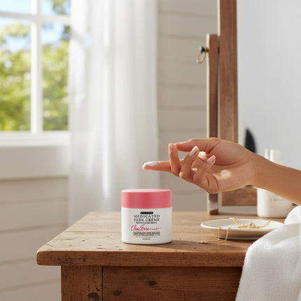 Tia's Treasure Collections Clear Essence medicated fade cream jar on a wooden vanity with a hand applying product.