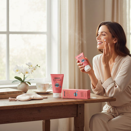 Tia's Treasure Collections Clear Essence medicated fade creme with SPF 15 held by a smiling woman in a sunlit room.
