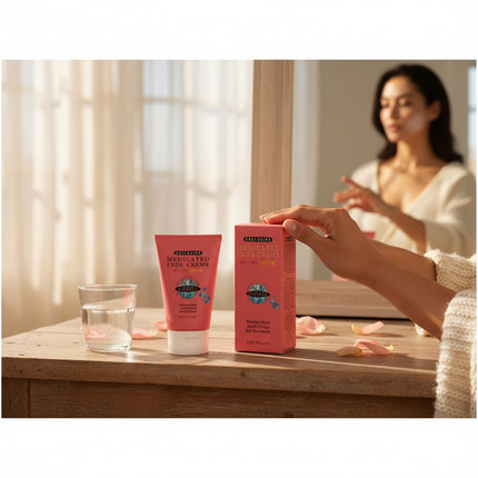 Tia's Treasure Collections Clear Essence medicated fade creme with SPF 15 in pink packaging on a wooden table.