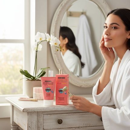 Tia's Treasure Collections Clear Essence medicated fade creme with SPF 15 for dark spot correction on a vanity table.