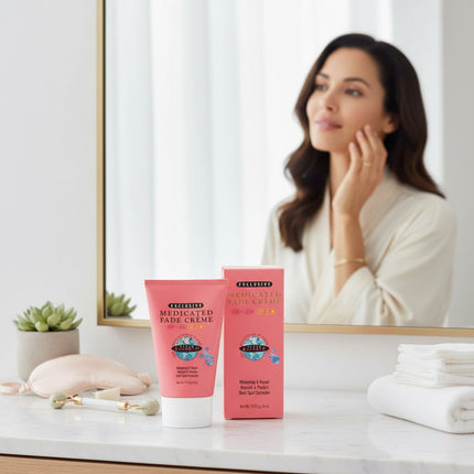 Tia's Treasure Collections Clear Essence Medicated Fade Creme with SPF 15 on a vanity with a woman in the background.