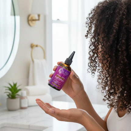 Tia's Treasure Collections Blaq Luxury Sage and Lychee Mega Gro hair serum bottle held by a woman in a bathroom.