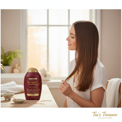 Tia's Treasure Collections Ogx Keratin Smoothing Oil shampoo bottle next to a woman with smooth, healthy hair.