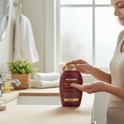 Tia's Treasure Collections Ogx Keratin Smoothing Oil shampoo bottle held by a woman in a bright bathroom setting