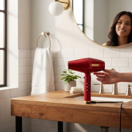 Tia's Treasure Collections Babyliss 4Barber Influencer Edition red hair dryer on a bathroom vanity