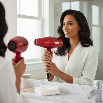 Tia's Treasure Collections Babyliss 4Barber red hair dryer held by a woman looking into a bathroom mirror