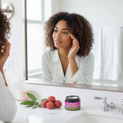 Tia's Treasure Collections Blaq Luxury Sage & Lychee edge glaze jar on a bathroom counter with fresh fruit