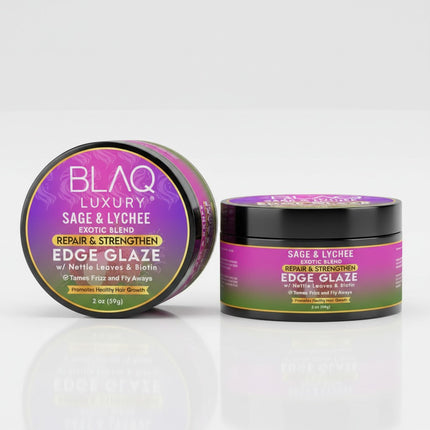 Tia's Treasure Collections Blaq Luxury Sage & Lychee edge glaze two-pack for smooth, shiny, and sculpted hair edges.