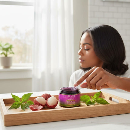 Tia's Treasure Collections Blaq Luxury sage and lychee edge glaze jar on a wooden tray with fresh fruit and herbs