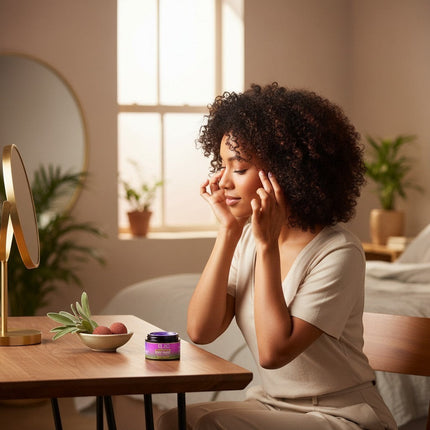 Tia's Treasure Collections Blaq Luxury Sage & Lychee edge glaze jar on a wooden table with a woman applying hair product.
