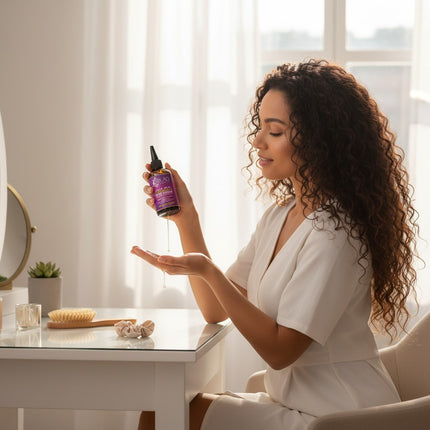 Tia's Treasure Collections Blaq Luxury Sage and Lychee Mega Gro hair serum being applied by a woman with curly hair