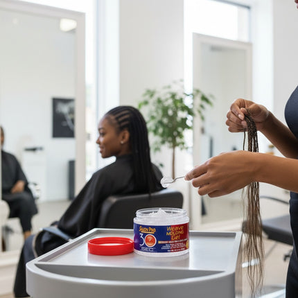 Tia's Treasure Collections Salon Pro 30 Sec Weave Molding Gel in a 10.5 oz jar held by a stylist in a salon.