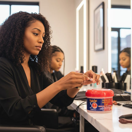 Tia's Treasure Collections Salon Pro 30 Sec Weave Molding Gel 10.5 oz container on a salon counter