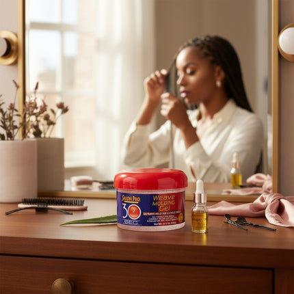 Tia's Treasure Collections Salon Pro 30 Sec Weave Molding Gel in a 10.5 oz jar on a vanity with hair care tools.