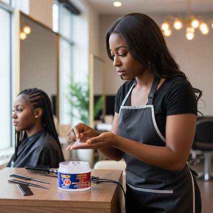 Tia's Treasure Collections Salon Pro 30 Sec Weave Gel in a 10.5 oz jar held by a stylist in a professional salon.