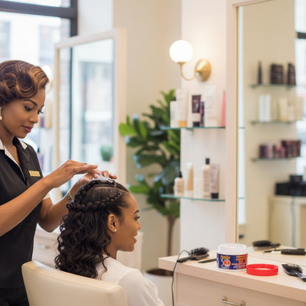 Tia's Treasure Collections Salon Pro 30 Sec Weave Gel on a salon vanity while a stylist braids a client's hair.