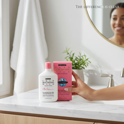 Tia's Treasure Collections Clear Essence Skin Beautifying Milk Maxi-Tone 10 oz bottle and box. For even skin tone and smoother skin.