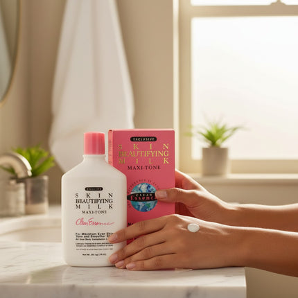 Tia's Treasure Collections Clear Essence Skin Beautifying Milk Maxi-Tone 10 oz bottle and box. For even skin tone and smoother skin.