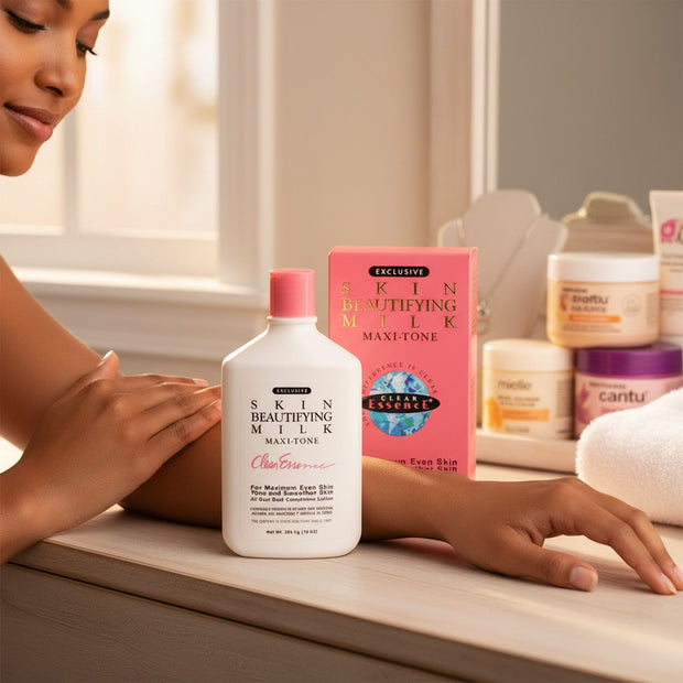 Tia's Treasure Collections Clear Essence Skin Beautifying Milk Maxi-Tone 10 Oz bottle and box. White bottle with pink cap.