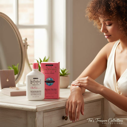 Tia's Treasure Collections Clear Essence Skin Beautifying Milk Maxi-Tone lotion for even skin tone and smoother skin.