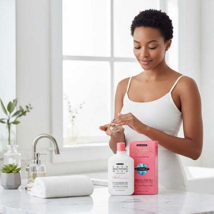 Tia's Treasure Collections Clear Essence Skin Beautifying Milk Maxi-Tone lotion for even skin tone and smoother skin.