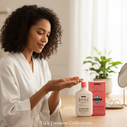 Tia's Treasure Collections Clear Essence Skin Beautifying Milk Maxi-Tone 10 oz bottle and box. For even skin tone and smoother skin.