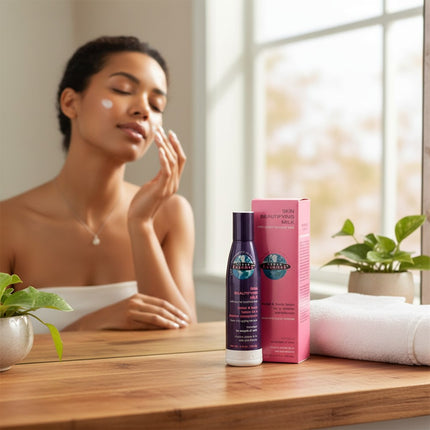 Tia's Treasure Collections Clear Essence Alpha Hydroxy Skin Beautifying Milk bottle and box on a wooden vanity.