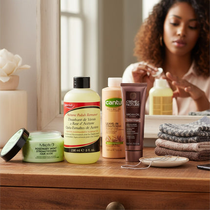 Tia's Treasure Collections Super Nail acetone polish remover with hair care products on a wooden vanity table