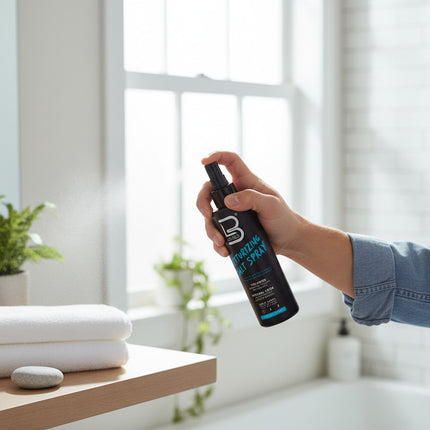 Tia's Treasure Collections L3Vel3 Texturizing Salt Spray bottle being held and sprayed in a bright bathroom setting.