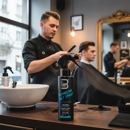 Tia's Treasure Collections L3Vel3 Texturizing Salt Spray bottle in a professional barbershop setting.