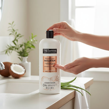 Tia's Treasure Collections Tresemme Botanique Coconut Nourish conditioner bottle held by hands in a bright bathroom