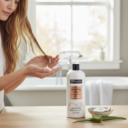 Tia's Treasure Collections Tresemme Botanique Coconut Nourish conditioner bottle with coconut and aloe vera.