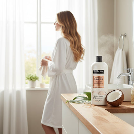Tia's Treasure Collections Tresemme Botanique Coconut Nourish Conditioner bottle on a bathroom counter with coconut