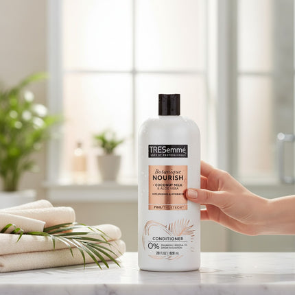 Tia's Treasure Collections Tresemme Botanique Coconut Nourish Conditioner bottle held by a hand on a marble counter.