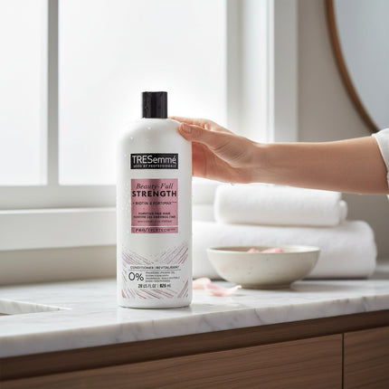 Tia's Treasure Collections Tresemme Beauty-Full Strength conditioner bottle held by a hand in a bright bathroom.