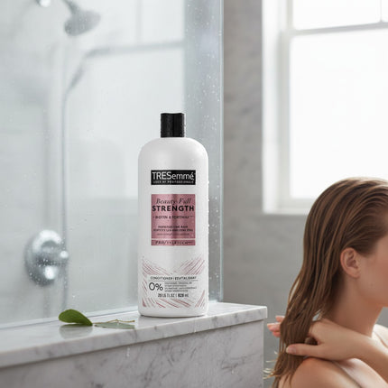 Tia's Treasure Collections Tresemme Beauty-Full Strength Conditioner bottle on a marble ledge in a bright bathroom.