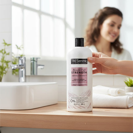 Tia's Treasure Collections Tresemme Beauty-Full Strength conditioner bottle on a bathroom vanity.
