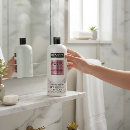 Tia's Treasure Collections Tresemme Beauty-Full Strength conditioner bottle on a marble bathroom shelf with steam