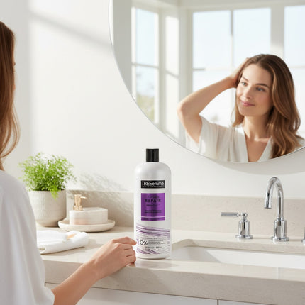 Tia's Treasure Collections Tresemme Keratin Repair Bond Plex Conditioner bottle on a bathroom vanity with a woman