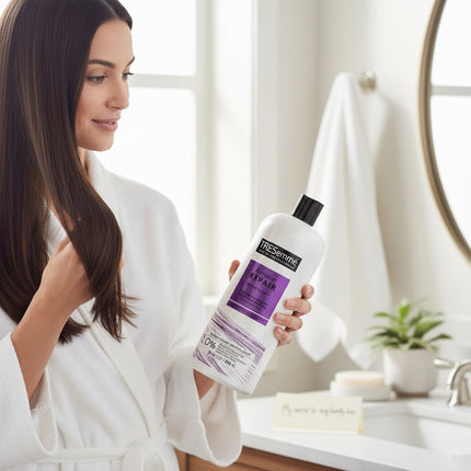 Tia's Treasure Collections woman in a robe holding a bottle of Tresemme Keratin Repair Bond Plex Conditioner