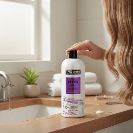 Tia's Treasure Collections Tresemme Keratin Repair Bond Plex Conditioner bottle on a bathroom vanity with hair