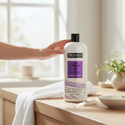 Tia's Treasure Collections Tresemme Keratin Repair Bond Plex conditioner bottle held by a hand on a wooden table.