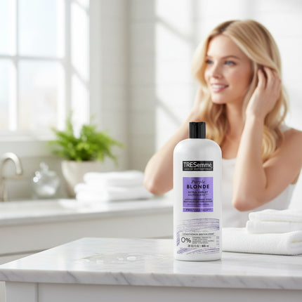 Tia's Treasure Collections Tresemme Purple Blonde conditioner bottle on a bathroom counter with a woman in the background